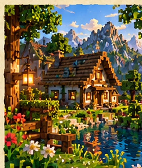 Blockhaus mit Laternen an einem Teich, umgeben von Blumen